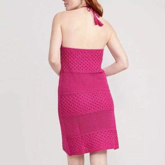 Old Navy Fushia Pink Halter Tie Strap Crochet Mini Dress size Xs vacation casual - Picture 2 of 11
